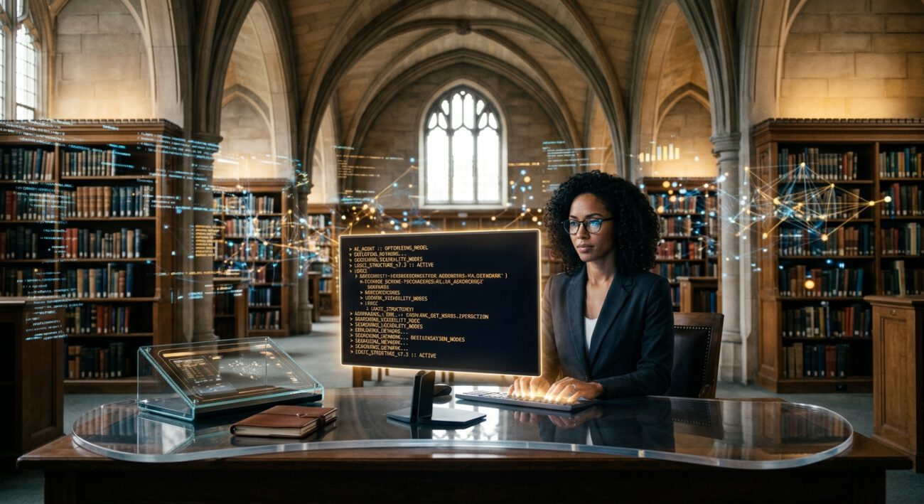 A cinematic, editorial-style image depicting the future of software development and artificial intelligence. In the foreground, a minimalist and sleek command-line interface (CLI) glows with complex lines of code and structured logic plans, representing a powerful AI coding agent at work. The setting is a fusion of a modern tech laboratory and a grand, classical library with high arched ceilings and soft, warm sunlight filtering through. Intricate digital nodes and glowing data streams weave through the air, symbolizing a decentralized network and the optimization of digital visibility. The atmosphere is professional and intellectual, blending cutting-edge technical precision with a sense of historical and ethical gravity. The color palette features deep indigo, charcoal, and accents of gold and amber light.
