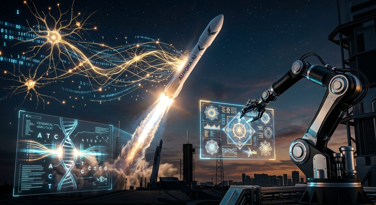 A cinematic, high-tech editorial image representing the convergence of aerospace and artificial intelligence. In the center, a sleek, white rocket ascends through a dark, twilight sky, its propulsion trail morphing into glowing, golden neural network pathways and streams of binary code. In the foreground, a translucent holographic interface displays a shimmering DNA double helix being analyzed by pulses of light, symbolizing medical innovation. To the side, a sophisticated robotic arm with brushed-metal textures reaches toward a floating digital canvas filled with vibrant, creative geometric designs. The overall aesthetic is futuristic and polished, featuring deep navy and charcoal tones contrasted by vibrant neon blues and golds, captured with a shallow depth of field and sharp, hyper-realistic detail.