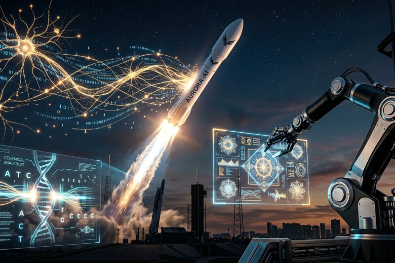 A cinematic, high-tech editorial image representing the convergence of aerospace and artificial intelligence. In the center, a sleek, white rocket ascends through a dark, twilight sky, its propulsion trail morphing into glowing, golden neural network pathways and streams of binary code. In the foreground, a translucent holographic interface displays a shimmering DNA double helix being analyzed by pulses of light, symbolizing medical innovation. To the side, a sophisticated robotic arm with brushed-metal textures reaches toward a floating digital canvas filled with vibrant, creative geometric designs. The overall aesthetic is futuristic and polished, featuring deep navy and charcoal tones contrasted by vibrant neon blues and golds, captured with a shallow depth of field and sharp, hyper-realistic detail.