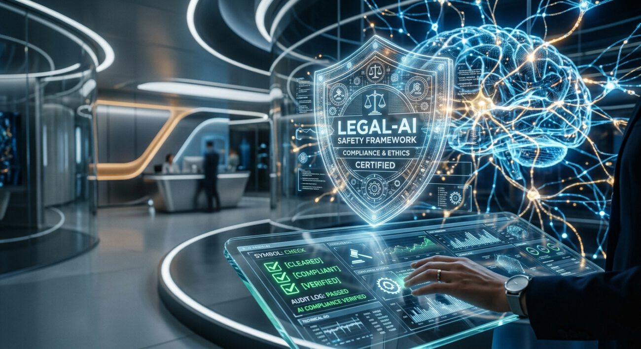 A high-end editorial-style photograph representing the intersection of law and artificial intelligence. In a clean, minimalist futuristic setting, a luminous, translucent holographic shield with intricate geometric patterns is being carefully integrated into a pulsating, complex digital neural network of blue and gold light. A sleek glass terminal in the foreground displays sophisticated data visualizations and glowing green audit checkmarks, symbolizing a rigorous safety certification process. The atmosphere is professional and secure, featuring cinematic lighting, a shallow depth of field, and a sophisticated color palette of cool blues, silver, and soft amber.