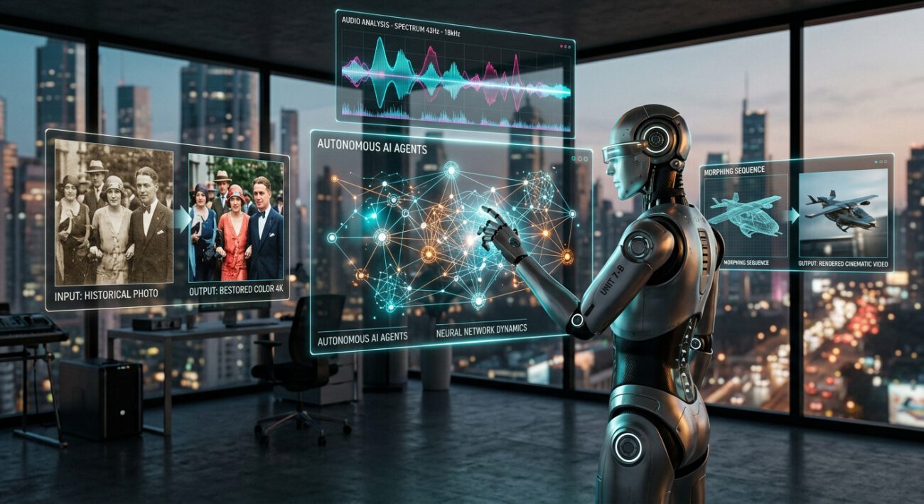 A sophisticated, high-tech workspace in the near future where a sleek humanoid robot with a subtle identification code etched onto its metallic shoulder interacts with a series of glowing, translucent holographic displays. The central display shows a complex digital ecosystem of interconnected nodes and neural networks representing autonomous AI agents. On one floating screen, a grainy, sepia-toned vintage photograph is being digitally reconstructed into a vivid, high-resolution color image. Another display visualizes fluid audio soundwaves and frequency patterns, while a third screen shows a 3D wireframe model seamlessly morphing into a cinematic, photorealistic video sequence. The environment is a minimalist studio with floor-to-ceiling windows overlooking a soft-focus futuristic cityscape at dusk. The lighting is a blend of cool cyan and warm amber, captured with the depth and clarity of professional editorial photography.