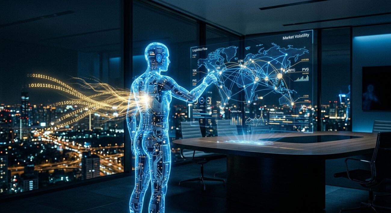 A cinematic, editorial-style image depicting a translucent, humanoid figure made of glowing blue circuitry standing in a minimalist, high-tech glass boardroom overlooking a sprawling nighttime cityscape. The figure is interacting with a complex, holographic network of global logistics and financial data points. Crucially, fine streams of bright golden binary code are leaking from the figure’s core, drifting away like digital smoke through the glass walls into the darkness. The lighting is sleek and cold, with sharp highlights and a shallow depth of field, emphasizing the contrast between the advanced technology and the subtle, glowing data vulnerability.