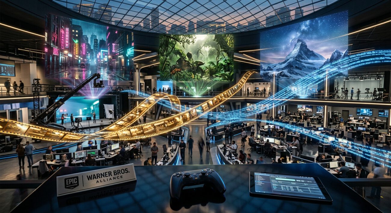 A cinematic, editorial-style wide shot of a high-tech media development hub, symbolizing the fusion of major film production and AAA video game development. Vibrant holographic displays float in the air, showcasing diverse digital landscapes: a rain-slicked noir city, a dense ancient jungle, and a mystical, snowy mountain peak. Streams of golden film strips transition seamlessly into streams of glowing blue data code, weaving through the room. In the foreground, a sleek, obsidian-colored game controller with subtle glowing accents sits on a reflective surface. The atmosphere is grand and ambitious, with dramatic architectural lighting and a sense of immense scale, capturing the dawn of a new era in entertainment.