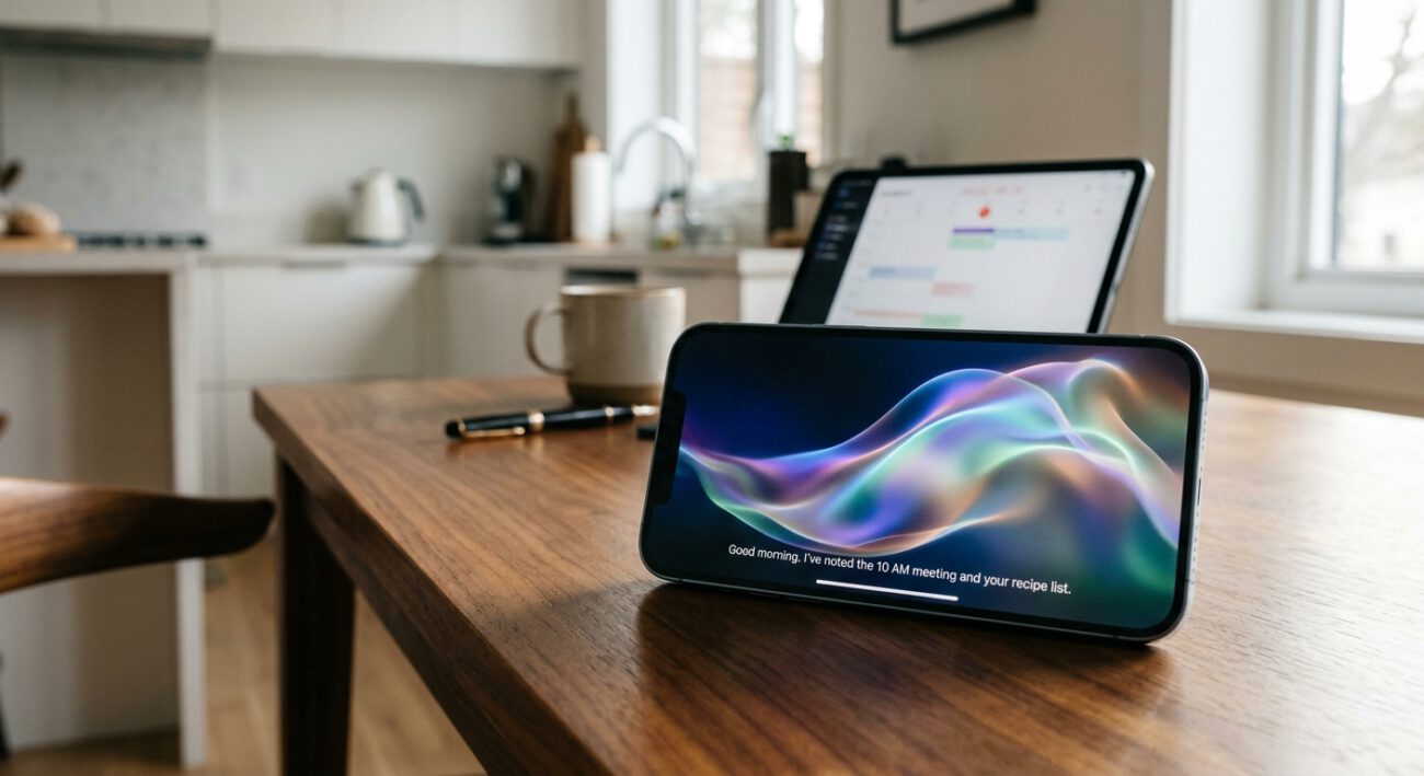 A cinematic, high-detail editorial photograph of a sleek, modern smartphone resting on a polished wooden desk in a bright, minimalist home environment. The phone's screen displays a vibrant, fluid, and translucent wave of multi-colored light—shades of iridescent blue, purple, and soft orange—pulsing elegantly from the edges of the display, symbolizing a sophisticated and proactive digital assistant. In the soft-focus background, hints of a clean kitchen and a digital calendar on a tablet suggest a morning of organized productivity. The lighting is warm and natural, creating a professional yet accessible atmosphere that emphasizes the seamless integration of advanced artificial intelligence into daily life.