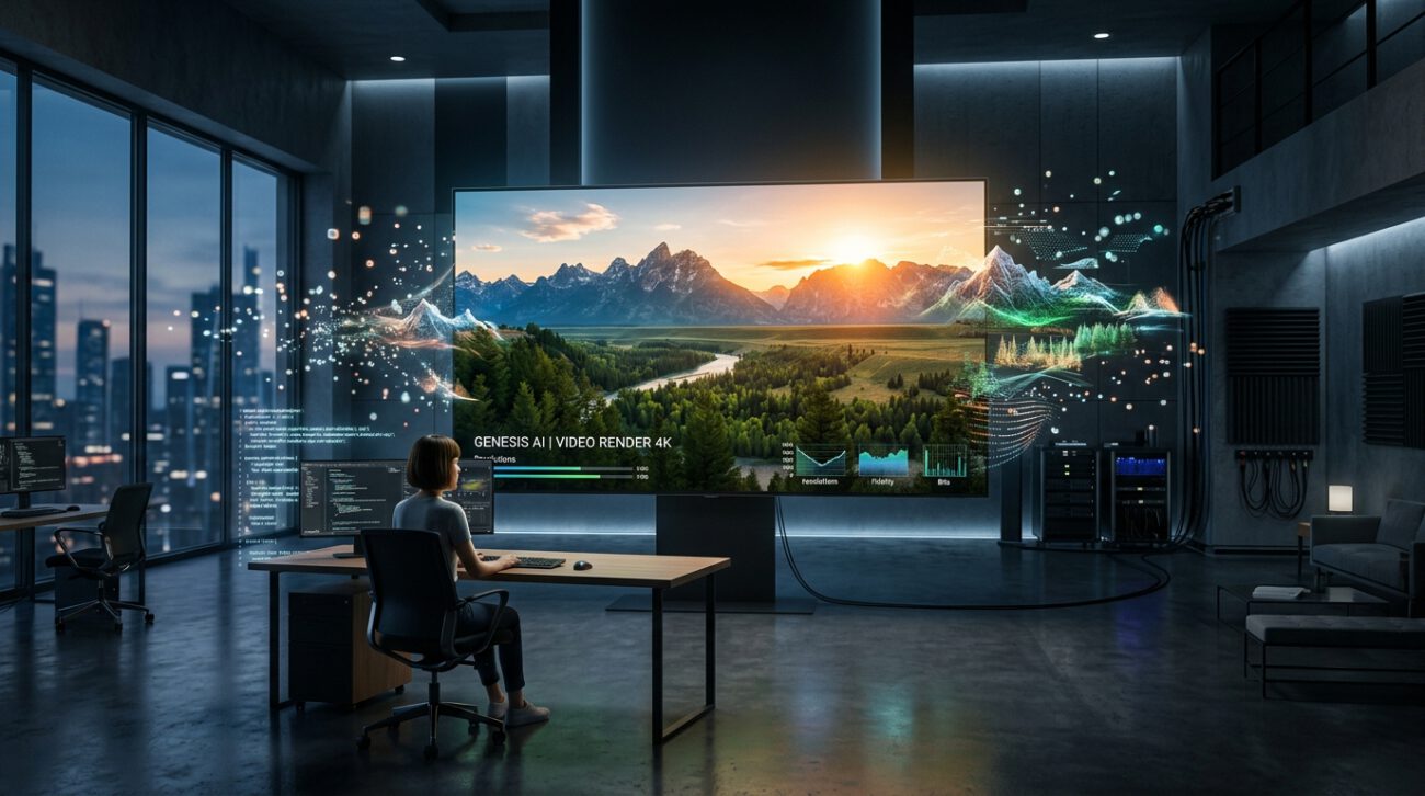 A cinematic wide shot of a futuristic, minimalist creative studio. In the center, a massive, frameless ultra-high-definition monitor displays a breathtakingly detailed, vibrant landscape video in native 4K, characterized by fluid motion and rich, lifelike textures. Surrounding the screen, ethereal glowing digital particles and translucent data streams subtly morph into cinematic visual elements, representing the transition from text-based AI prompts into high-fidelity video. The lighting is professional and sleek, with a cool-toned atmosphere contrasted by the warm, vivid colors radiating from the screen. The scene conveys a sense of cutting-edge innovation, high-resolution clarity, and the evolution of digital media production.