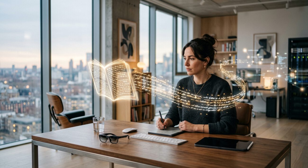 A high-end editorial photograph of a modern, minimalist writer's studio where human creativity meets advanced artificial intelligence. A person sits at a sleek wooden desk, looking thoughtfully at a floating, translucent stream of glowing golden and white digital script that gracefully spirals through the air. The swirling text subtly coalesces into the ethereal shape of an open book. The environment is bright and airy, with large floor-to-ceiling windows showing a blurred cityscape. On the desk lies a pair of stylish, sophisticated smart glasses and a minimalist digital tablet. The atmosphere conveys a sense of seamless partnership and focus, with soft cinematic lighting and a shallow depth of field that emphasizes the intricate, glowing data points representing autonomous digital assistants working in the background. High-resolution, professional aesthetic, vibrant but clean color palette.