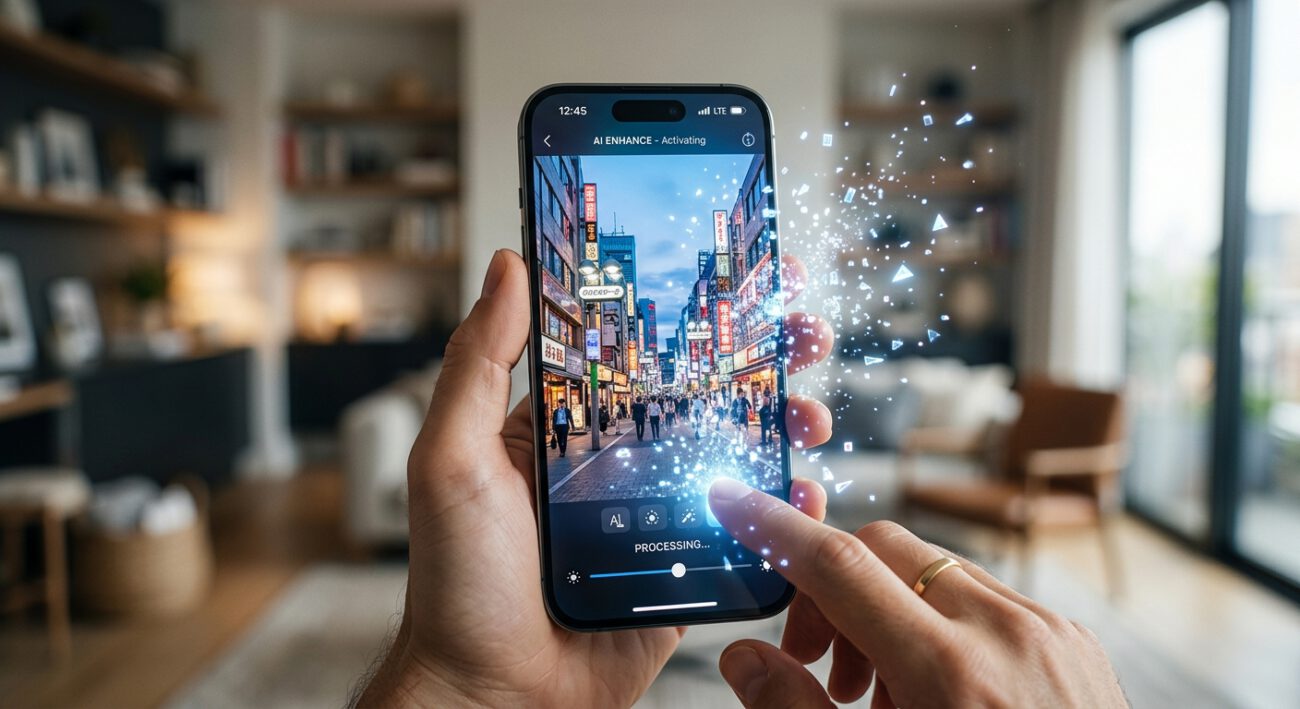 A professional, close-up shot of a hand holding a high-end smartphone. On the screen, a photo of a vibrant city street is being edited. Luminous, crystalline pixels are visible as they subtly float and integrate into the image, filling in details and enhancing textures with a magical, ethereal glow. The effect conveys a sense of intuitive, powerful AI 'superpowers' at work. The overall aesthetic is clean, sophisticated, and futuristic, with a shallow depth of field and soft, natural lighting. The focus is on the seamless blending of reality and digital enhancement.