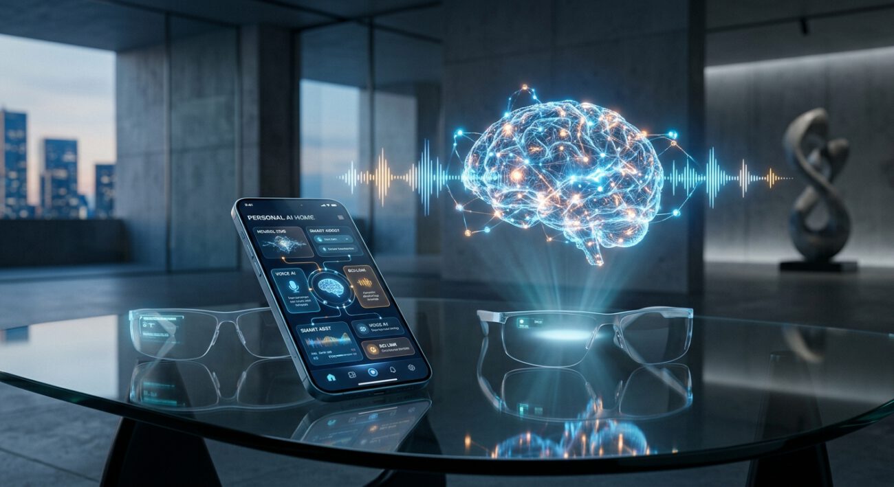 An editorial-style conceptual image representing the democratization and future of artificial intelligence. In a sleek, minimalist studio, a collection of futuristic devices and interfaces are integrated into a cohesive ecosystem. A high-end smartphone with a vibrant, complex interface rests on a glass table next to a pair of thin, translucent smart glasses. Above them, ethereal holograms of rhythmic soundwaves and a glowing, intricate neural network lattice float in the air, symbolizing acoustic detection and brain-computer interfaces. The atmosphere is professional and sophisticated, illuminated by a palette of deep blues, soft cyans, and warm amber highlights, with a shallow depth of field emphasizing the intersection of human-centric design and advanced technology.