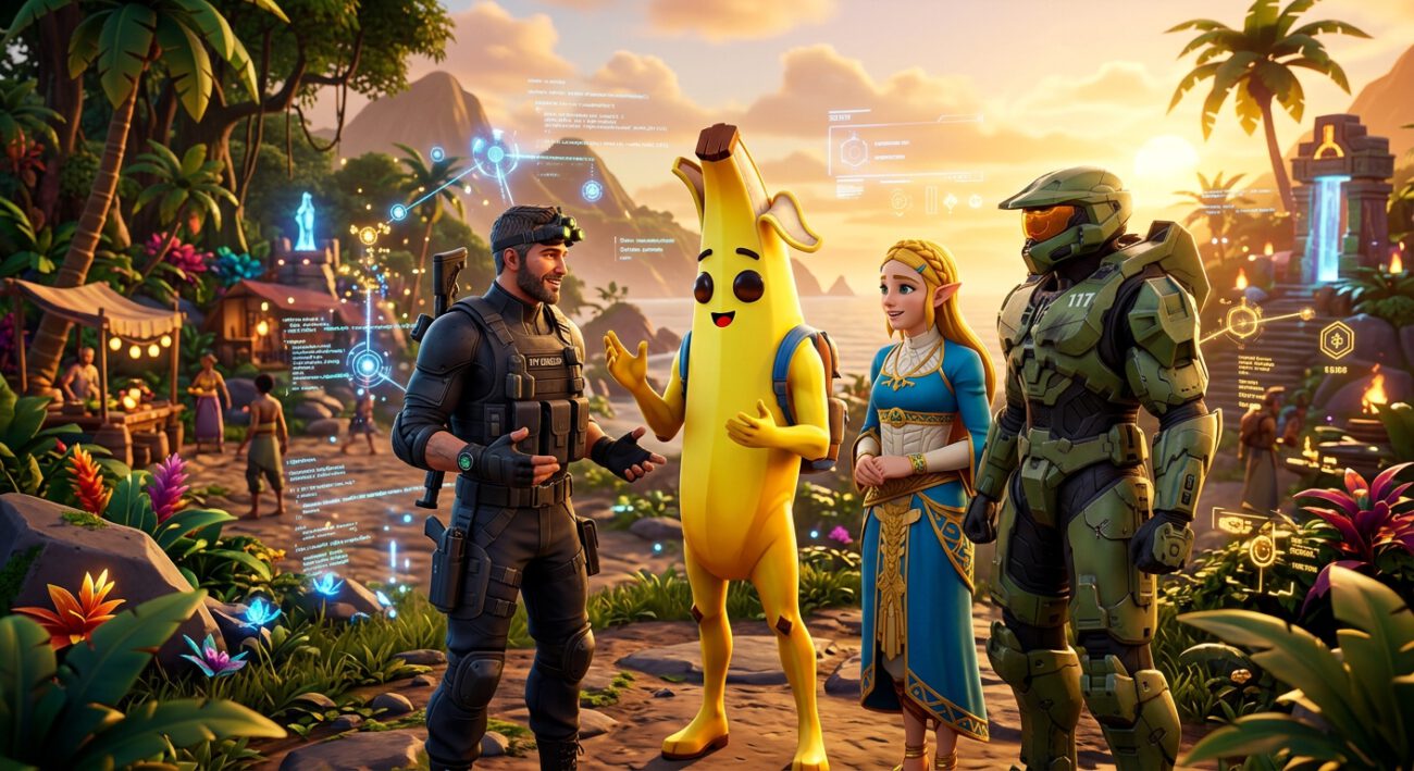 A cinematic 3D digital illustration of a diverse group of iconic, stylized video game characters—including an expressive humanoid banana and a heroic secret agent—interacting within a vibrant, lush island landscape. The characters are engaged in a lifelike, expressive conversation, their gestures and facial expressions reflecting distinct personalities. The scene is filled with bright, saturated colors and dynamic, golden-hour lighting. Subtle, glowing digital data streams and translucent holographic nodes float in the air around them, symbolizing advanced artificial intelligence bringing the world to life. The art style is high-fidelity, featuring sharp textures and an immersive atmosphere characteristic of a modern high-end game engine render.