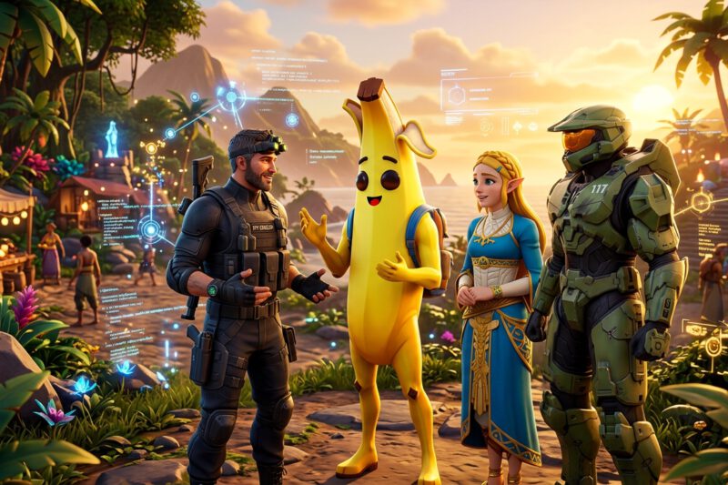 A cinematic 3D digital illustration of a diverse group of iconic, stylized video game characters—including an expressive humanoid banana and a heroic secret agent—interacting within a vibrant, lush island landscape. The characters are engaged in a lifelike, expressive conversation, their gestures and facial expressions reflecting distinct personalities. The scene is filled with bright, saturated colors and dynamic, golden-hour lighting. Subtle, glowing digital data streams and translucent holographic nodes float in the air around them, symbolizing advanced artificial intelligence bringing the world to life. The art style is high-fidelity, featuring sharp textures and an immersive atmosphere characteristic of a modern high-end game engine render.