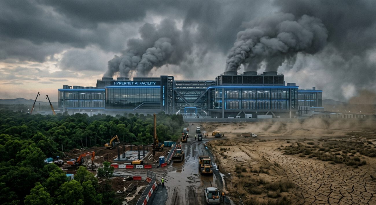 A cinematic, editorial-style photograph capturing the environmental paradox of the artificial intelligence boom. In the center, a sprawling, futuristic data center complex with glowing blue light strips and glass walls stands in sharp contrast to its surroundings. From the facility's roof, massive industrial cooling vents release heavy, grey plumes of vapor that merge into a smog-filled, twilight sky. The foreground shows a once-vibrant landscape now divided: one side features lush green forest being encroached upon by construction, while the other side shows parched, cracked earth. The lighting is dramatic and high-contrast, emphasizing the tension between high-tech advancement and ecological degradation. Overlooking the scene is a heavy, overcast atmosphere that reflects the industrial scale of the energy demand.