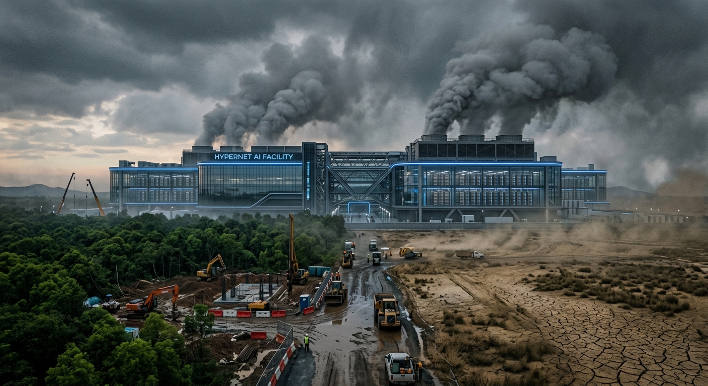 A cinematic, editorial-style photograph capturing the environmental paradox of the artificial intelligence boom. In the center, a sprawling, futuristic data center complex with glowing blue light strips and glass walls stands in sharp contrast to its surroundings. From the facility's roof, massive industrial cooling vents release heavy, grey plumes of vapor that merge into a smog-filled, twilight sky. The foreground shows a once-vibrant landscape now divided: one side features lush green forest being encroached upon by construction, while the other side shows parched, cracked earth. The lighting is dramatic and high-contrast, emphasizing the tension between high-tech advancement and ecological degradation. Overlooking the scene is a heavy, overcast atmosphere that reflects the industrial scale of the energy demand.