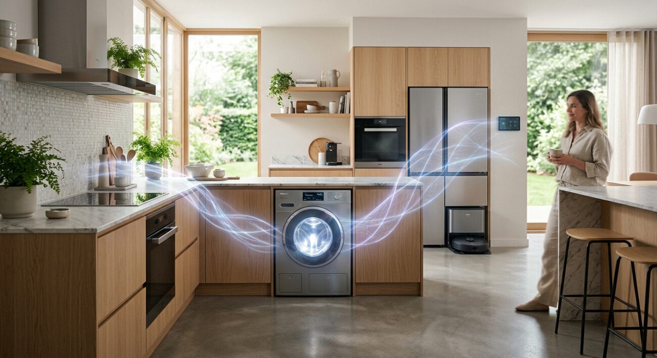 A cinematic, editorial-style photograph of a high-tech, minimalist smart home interior. In a brightly lit, modern kitchen and utility space, a subtle, glowing aura of soft blue and violet light weaves through the air, connecting a sleek, futuristic washing machine to other integrated appliances. The scene conveys a sense of invisible intelligence and seamless automation. The atmosphere is clean and sophisticated, with high-end finishes, soft natural light streaming through large windows, and a shallow depth of field that emphasizes the harmony between advanced technology and a comfortable living environment.