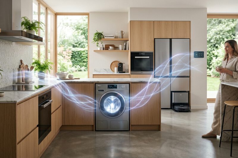 A cinematic, editorial-style photograph of a high-tech, minimalist smart home interior. In a brightly lit, modern kitchen and utility space, a subtle, glowing aura of soft blue and violet light weaves through the air, connecting a sleek, futuristic washing machine to other integrated appliances. The scene conveys a sense of invisible intelligence and seamless automation. The atmosphere is clean and sophisticated, with high-end finishes, soft natural light streaming through large windows, and a shallow depth of field that emphasizes the harmony between advanced technology and a comfortable living environment.
