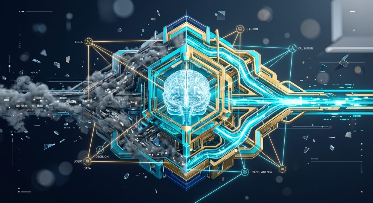 A high-end editorial 3D illustration depicting the architectural upgrade of a digital AI agent. The central focus is a complex, translucent core resembling a crystalline brain, housed within a glowing, intricate geometric scaffold. One side of the structure shows data streams moving slowly through dense, cloudy pathways, while the other side shows brilliant, streamlined pulses of light moving with incredible velocity. Floating around the core are thin, precise light beams mapping out the internal causal logic of the network, symbolizing transparency. The color palette is a sophisticated mix of deep midnight blue, vibrant cyan, and polished gold, conveying professional efficiency and technological advancement. The background is a clean, minimalist digital space with soft bokeh effects and floating data shards.