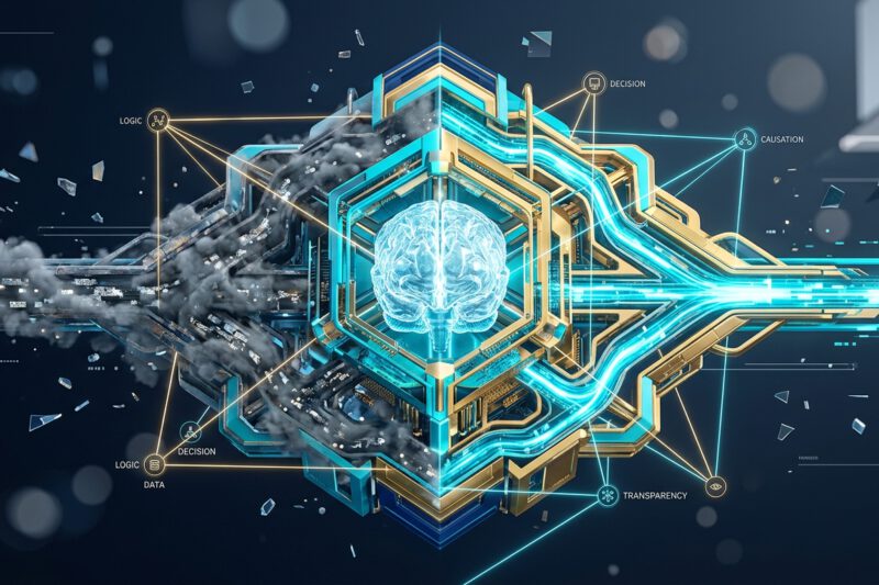 A high-end editorial 3D illustration depicting the architectural upgrade of a digital AI agent. The central focus is a complex, translucent core resembling a crystalline brain, housed within a glowing, intricate geometric scaffold. One side of the structure shows data streams moving slowly through dense, cloudy pathways, while the other side shows brilliant, streamlined pulses of light moving with incredible velocity. Floating around the core are thin, precise light beams mapping out the internal causal logic of the network, symbolizing transparency. The color palette is a sophisticated mix of deep midnight blue, vibrant cyan, and polished gold, conveying professional efficiency and technological advancement. The background is a clean, minimalist digital space with soft bokeh effects and floating data shards.