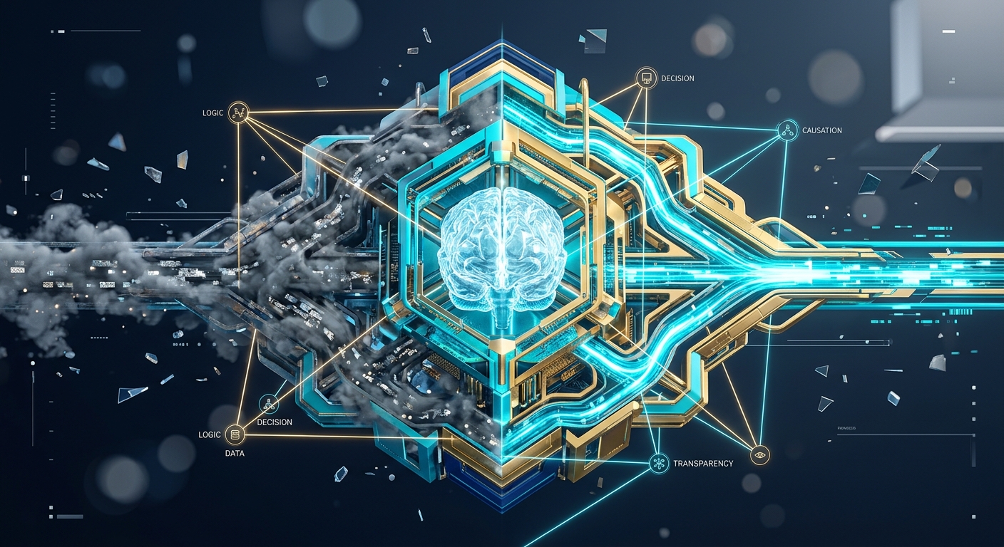 A high-end editorial 3D illustration depicting the architectural upgrade of a digital AI agent. The central focus is a complex, translucent core resembling a crystalline brain, housed within a glowing, intricate geometric scaffold. One side of the structure shows data streams moving slowly through dense, cloudy pathways, while the other side shows brilliant, streamlined pulses of light moving with incredible velocity. Floating around the core are thin, precise light beams mapping out the internal causal logic of the network, symbolizing transparency. The color palette is a sophisticated mix of deep midnight blue, vibrant cyan, and polished gold, conveying professional efficiency and technological advancement. The background is a clean, minimalist digital space with soft bokeh effects and floating data shards.