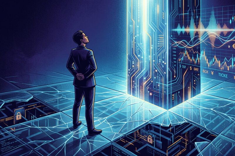 A high-quality editorial illustration depicting a person standing confidently before a towering, glowing digital monolith composed of intricate circuitry and flowing data streams. The person gazes at the monolith with an expression of intense, unwavering self-assurance. Swirling around the structure are vibrant musical waveforms and flickering financial stock charts. However, the ground the person stands on is a fragile, translucent glass floor that reveals a vast, dark digital labyrinth and fractured security nodes beneath their feet. The lighting is cinematic, with deep blue and neon amber hues, symbolizing the duality of artificial intelligence as a source of both perceived clarity and hidden instability.