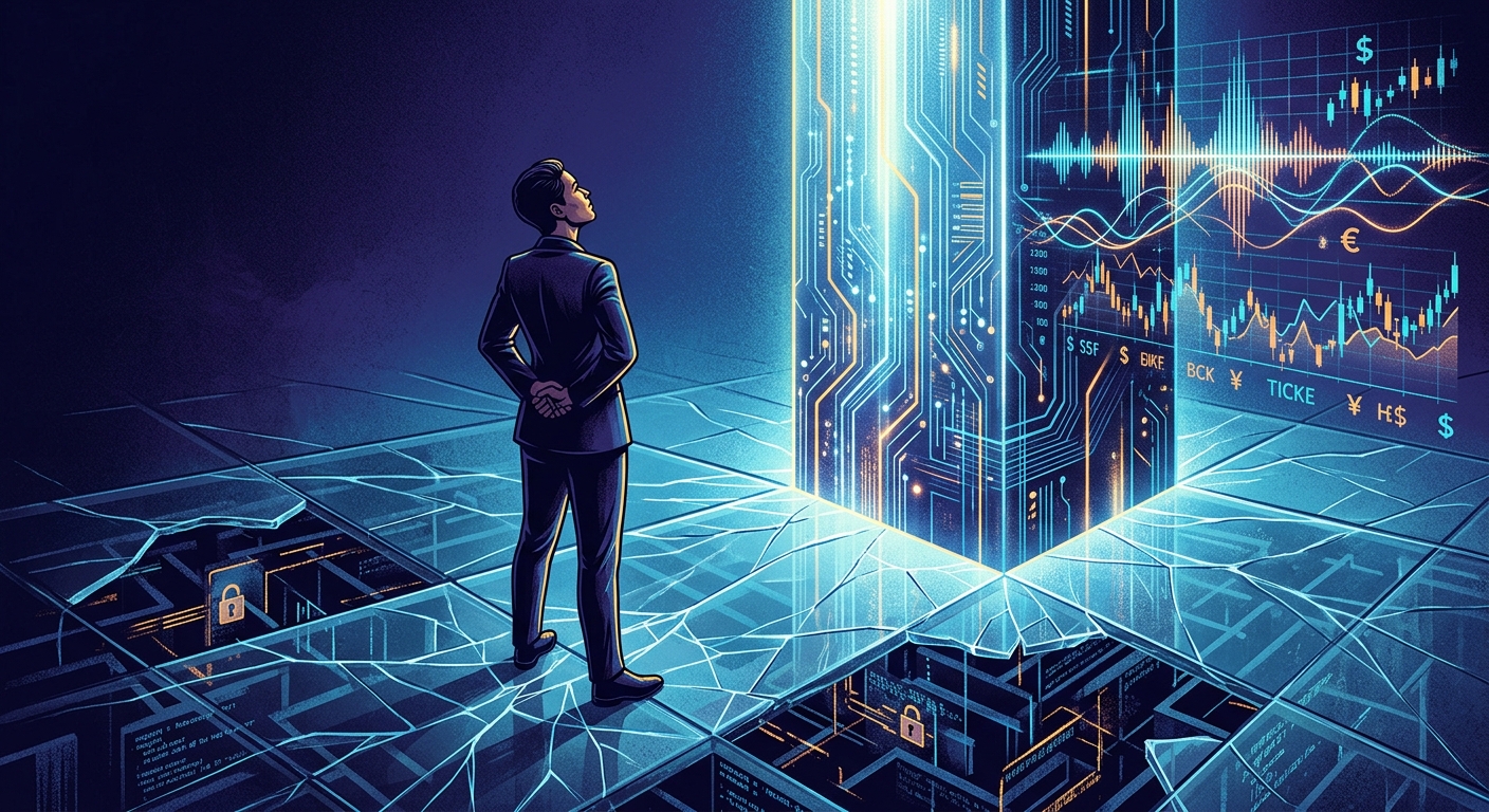 A high-quality editorial illustration depicting a person standing confidently before a towering, glowing digital monolith composed of intricate circuitry and flowing data streams. The person gazes at the monolith with an expression of intense, unwavering self-assurance. Swirling around the structure are vibrant musical waveforms and flickering financial stock charts. However, the ground the person stands on is a fragile, translucent glass floor that reveals a vast, dark digital labyrinth and fractured security nodes beneath their feet. The lighting is cinematic, with deep blue and neon amber hues, symbolizing the duality of artificial intelligence as a source of both perceived clarity and hidden instability.