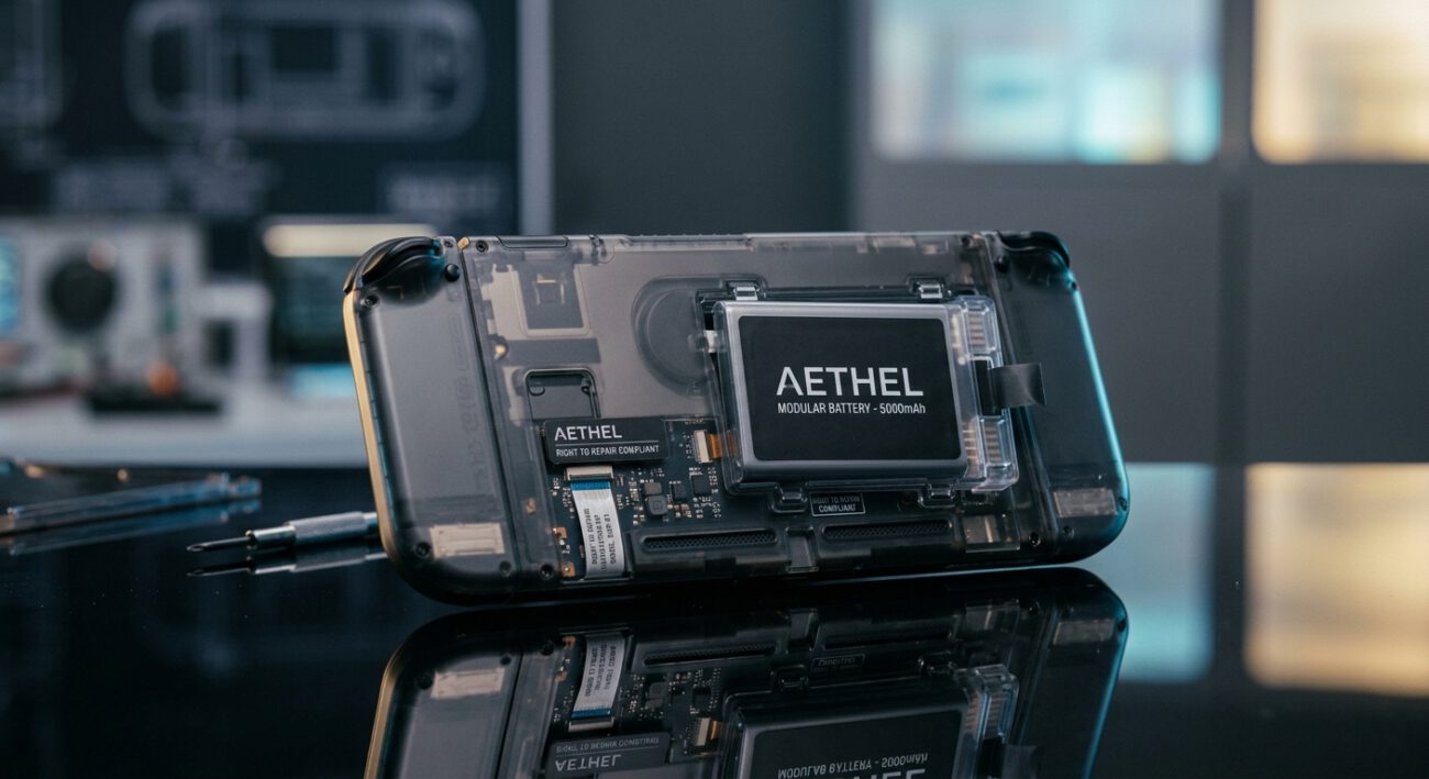 An editorial-style photograph of a sleek, modern handheld gaming console resting on a dark, polished reflective surface. The back of the console is slightly open or features a transparent casing to highlight a clearly visible, modular rechargeable battery, symbolizing new hardware standards and the "right to repair." The scene is lit with sophisticated, moody studio lighting, incorporating soft blue and gold highlights that subtly evoke the colors of the European Union. The background is a minimalist, high-tech design lab with blurred schematics and soft bokeh, creating a professional and slightly somber "end of an era" atmosphere for iconic hardware. The focus is sharp on the console's internal components, emphasizing the transition from classic design to new regulatory requirements.