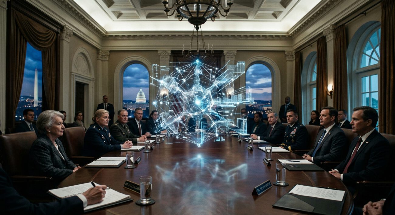 Create a cinematic, editorial-style image of a sophisticated, glowing holographic representation of an advanced neural network positioned at the center of a grand, mahogany conference table. The setting is a stately, neoclassical boardroom with high ceilings and ornate architectural details, suggesting a high-level government environment. The AI hologram emits a complex web of crystalline light and pulsating data streams that seem to expand and evolve autonomously, casting a cool blue and silver glow across the polished wood and leather chairs. In the background, through large windows, the blurred, iconic silhouette of the Washington D.C. skyline is visible at twilight. The atmosphere is momentous and serious, capturing the tension between cutting-edge technological power and institutional oversight.