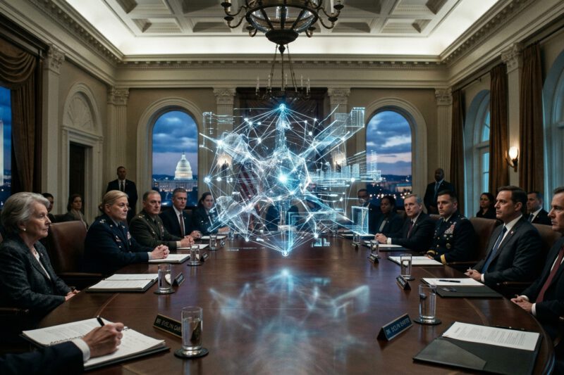 Create a cinematic, editorial-style image of a sophisticated, glowing holographic representation of an advanced neural network positioned at the center of a grand, mahogany conference table. The setting is a stately, neoclassical boardroom with high ceilings and ornate architectural details, suggesting a high-level government environment. The AI hologram emits a complex web of crystalline light and pulsating data streams that seem to expand and evolve autonomously, casting a cool blue and silver glow across the polished wood and leather chairs. In the background, through large windows, the blurred, iconic silhouette of the Washington D.C. skyline is visible at twilight. The atmosphere is momentous and serious, capturing the tension between cutting-edge technological power and institutional oversight.