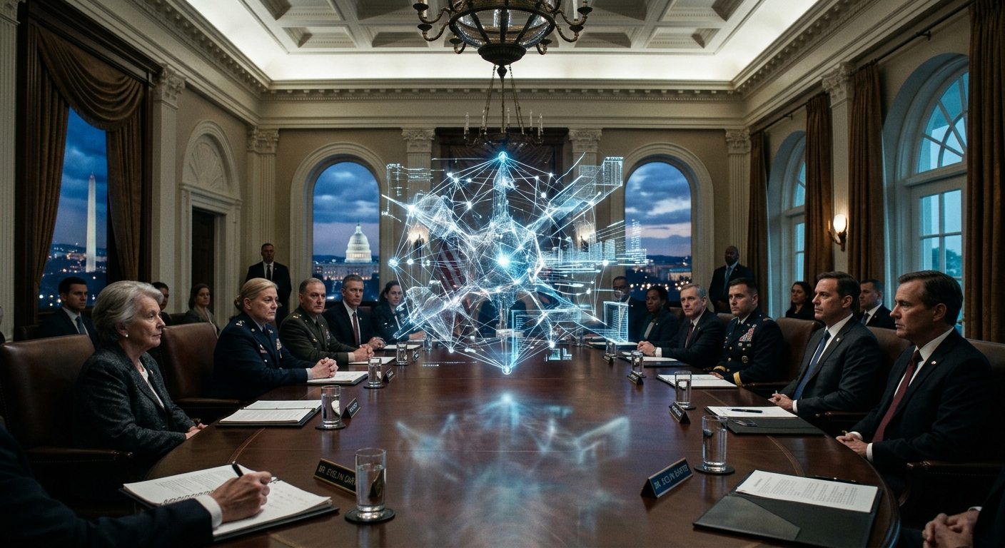 Create a cinematic, editorial-style image of a sophisticated, glowing holographic representation of an advanced neural network positioned at the center of a grand, mahogany conference table. The setting is a stately, neoclassical boardroom with high ceilings and ornate architectural details, suggesting a high-level government environment. The AI hologram emits a complex web of crystalline light and pulsating data streams that seem to expand and evolve autonomously, casting a cool blue and silver glow across the polished wood and leather chairs. In the background, through large windows, the blurred, iconic silhouette of the Washington D.C. skyline is visible at twilight. The atmosphere is momentous and serious, capturing the tension between cutting-edge technological power and institutional oversight.